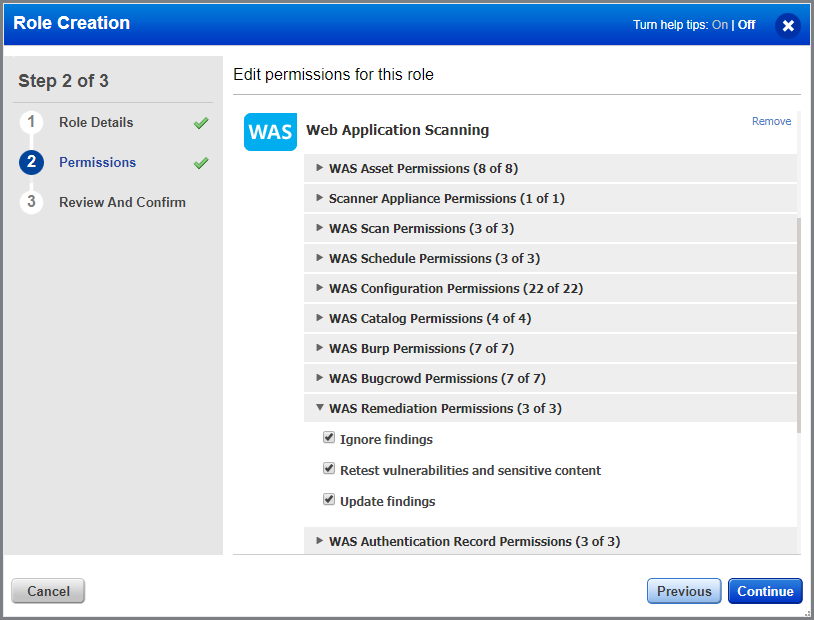 List of various permissions related to remediation in WAS.