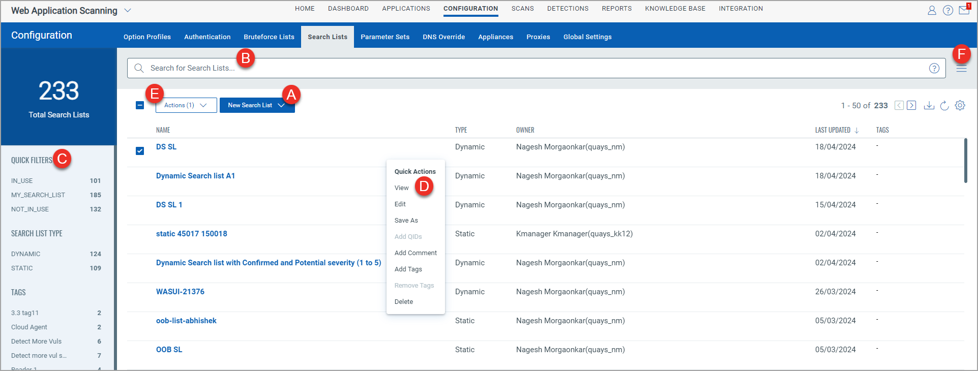 Search Lists tab under Configuration.