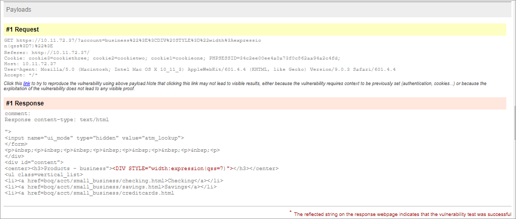 Sample Web Application Report in HTML format with full request headers and full request body for vulnerabilities