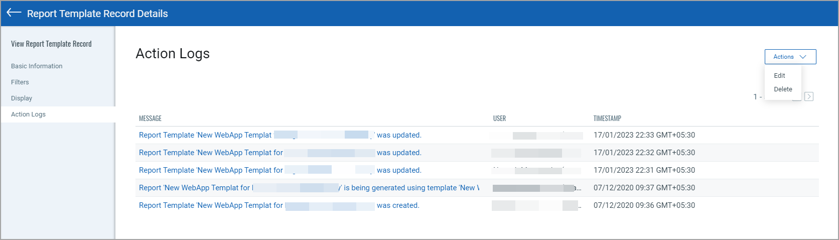 view template - action logs