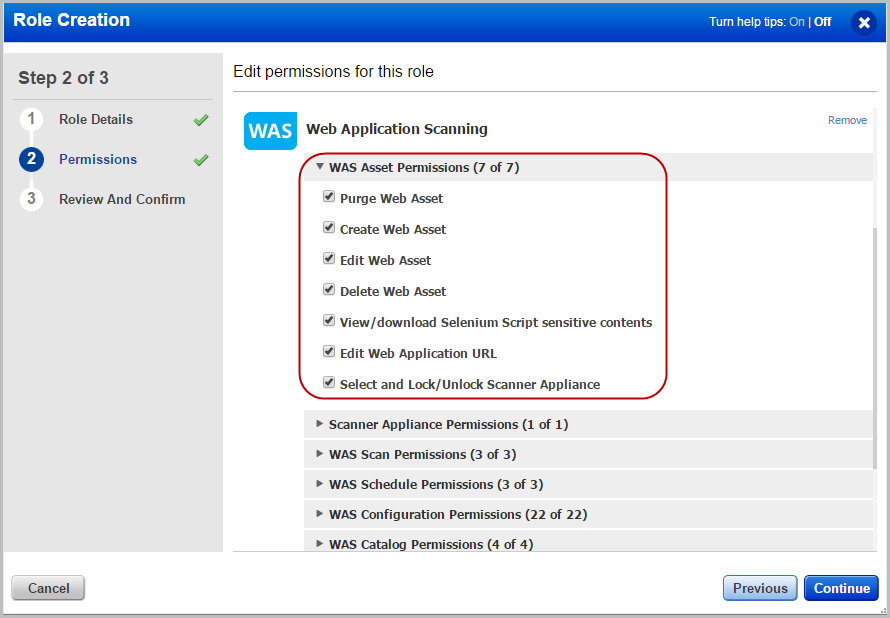 UI and API access options in Permissions pane when you create a role.