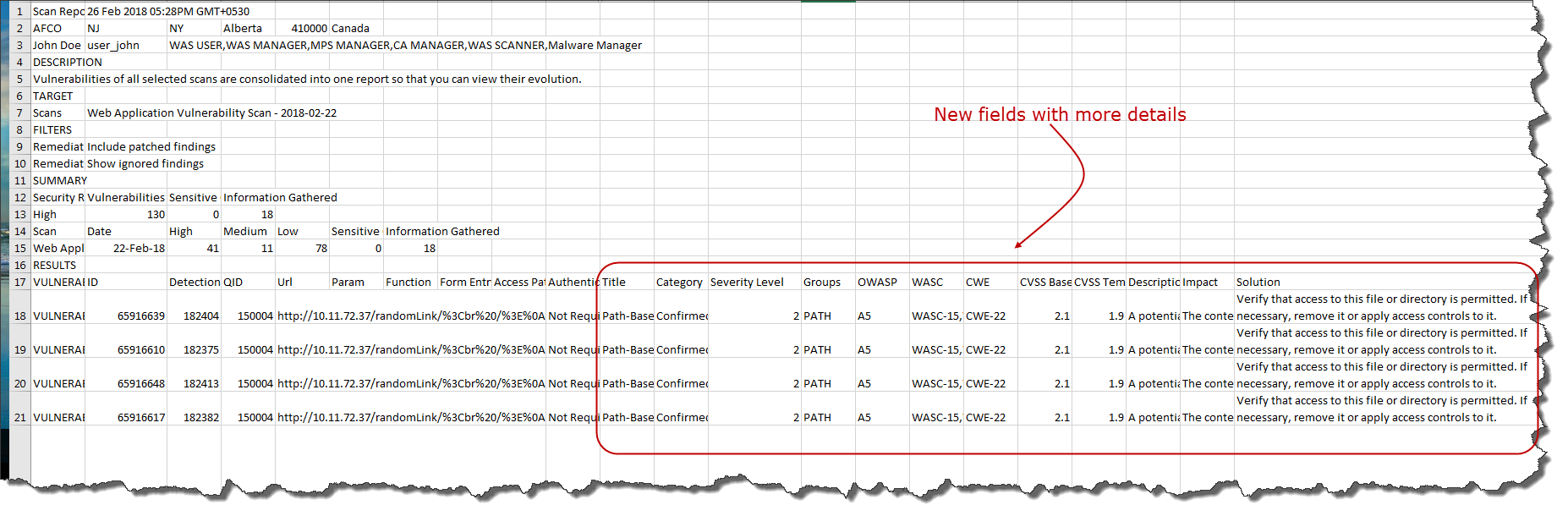 CSV Report example