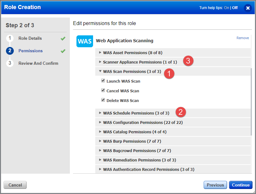 List of various permissions related to scans in WAS.