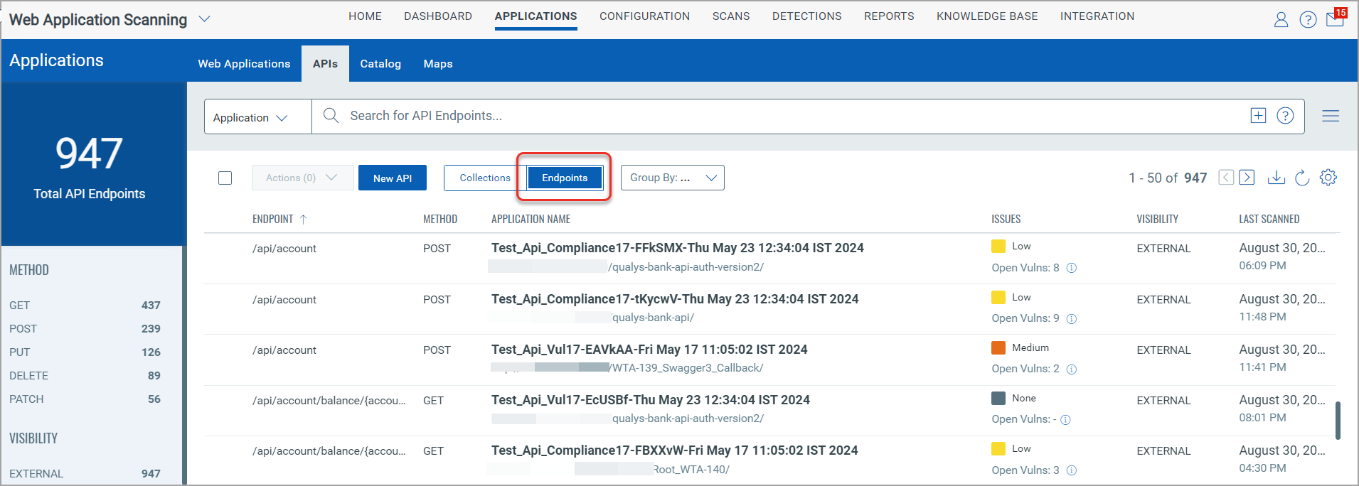 APIs tab showing list of API endpoints.