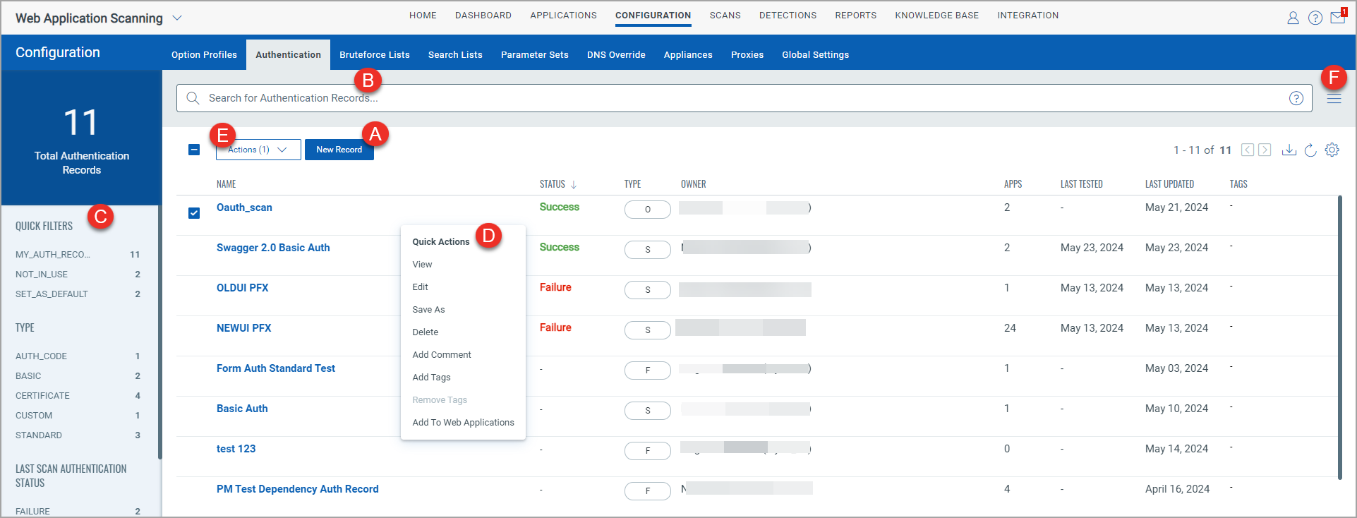 Authentication tab displays authentication records.