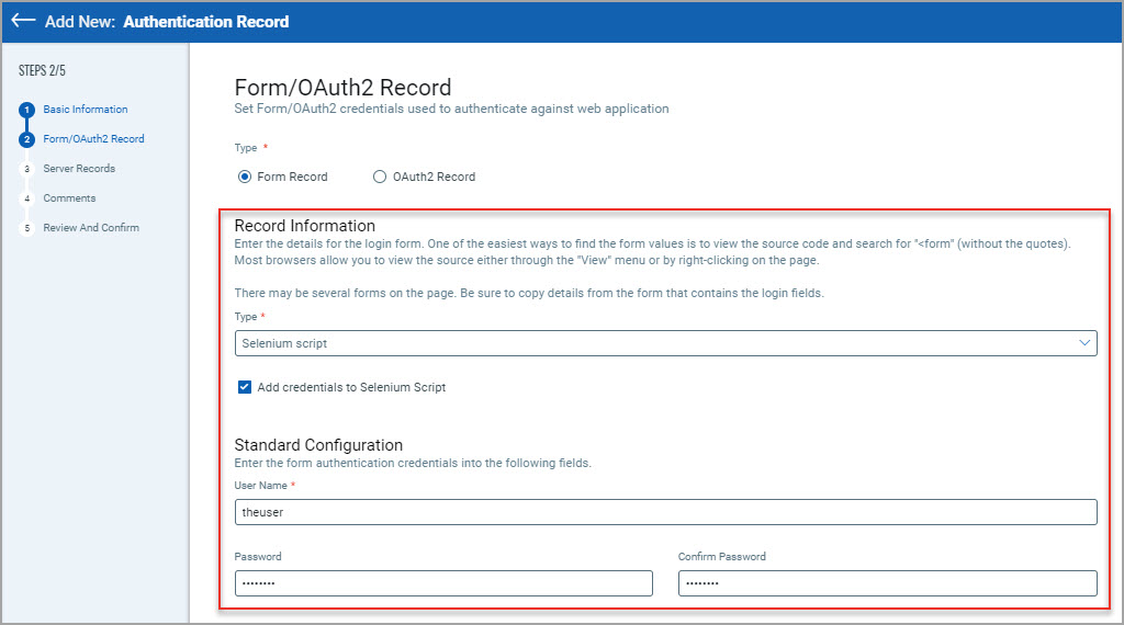 The Authentication record creation wizard shows the Add credentials to Selenium script check box selected type and values entered in the username and password fields.