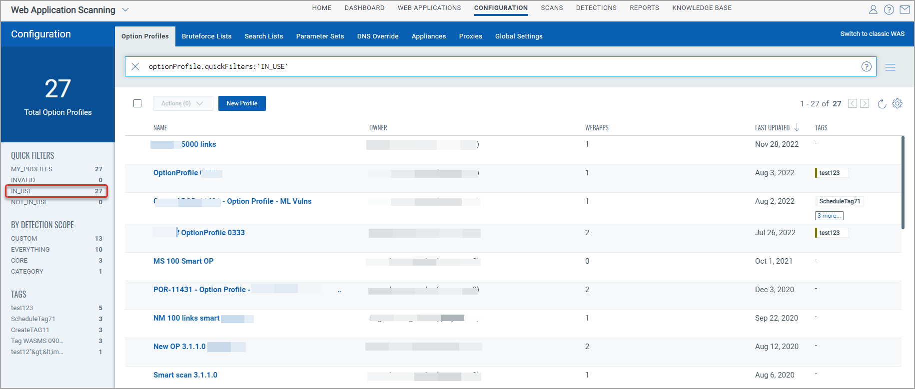 use quick filters in option profiles