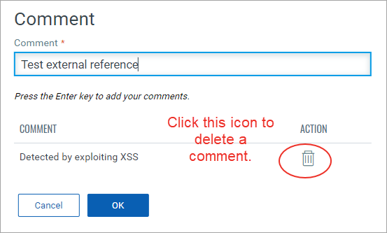 The delete button highlighted in the Comment screen.