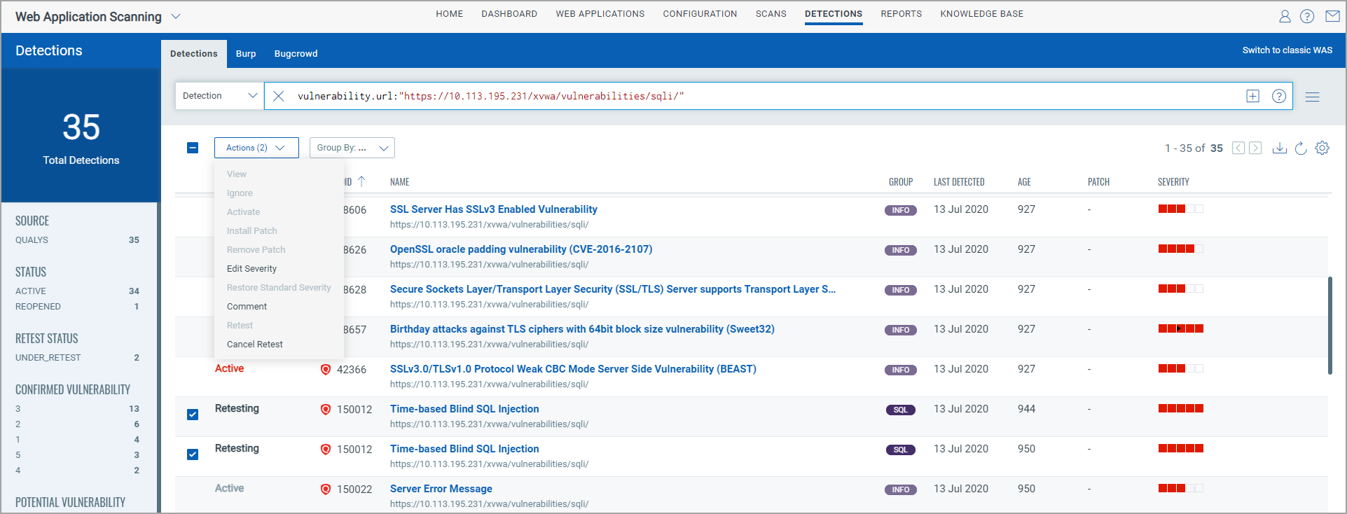 Detection details for multiple retests with their current status.