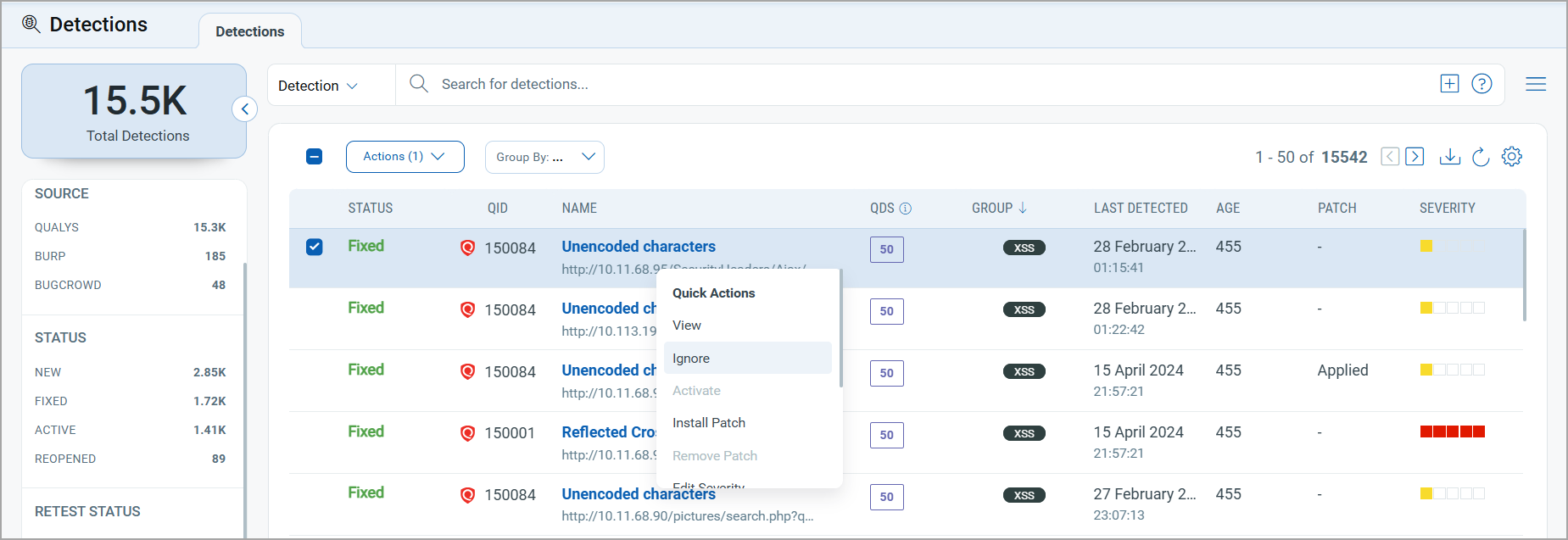 Detection list with Ignore option in quick action menu. 