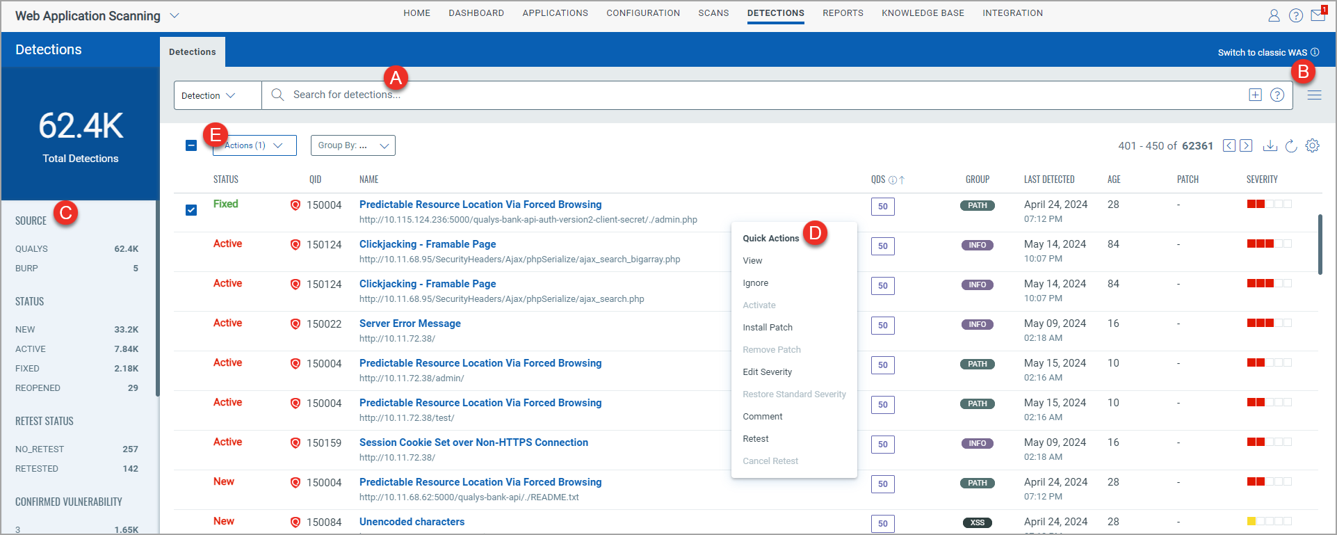 The Detections tab show the detections list.