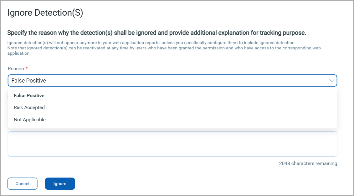 Ignore Findings window with various options in the Reason drop-down menu to ignore a finding.