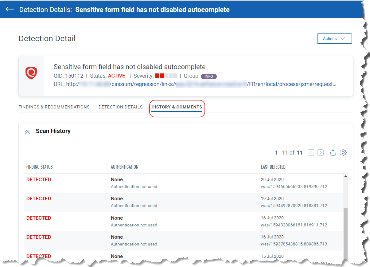 The Detection Details page shows the History and Comments tab.