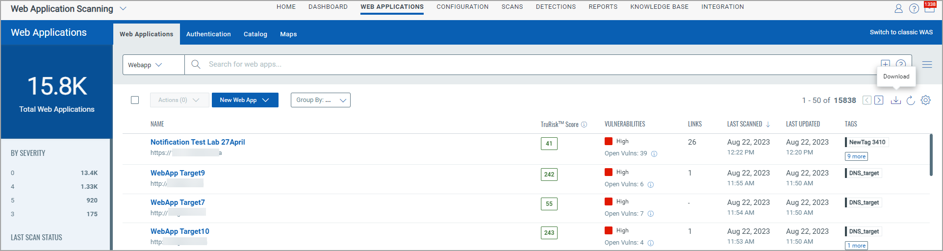 Download option under Settings button available for datalists.