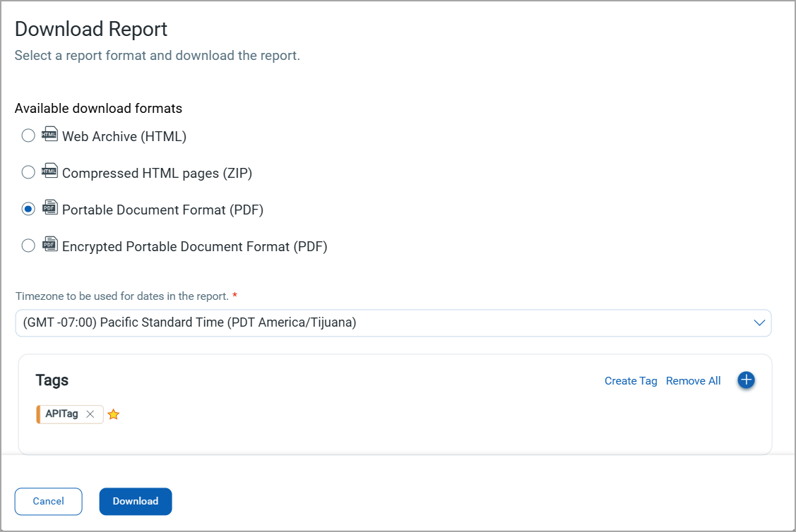 API report download dialog box.