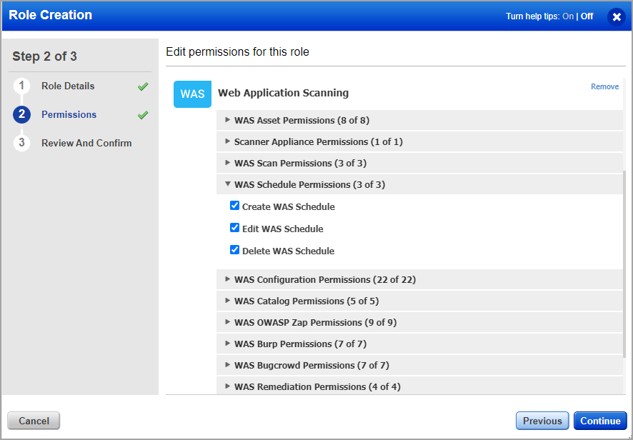 List of various permissions related to reports in WAS.