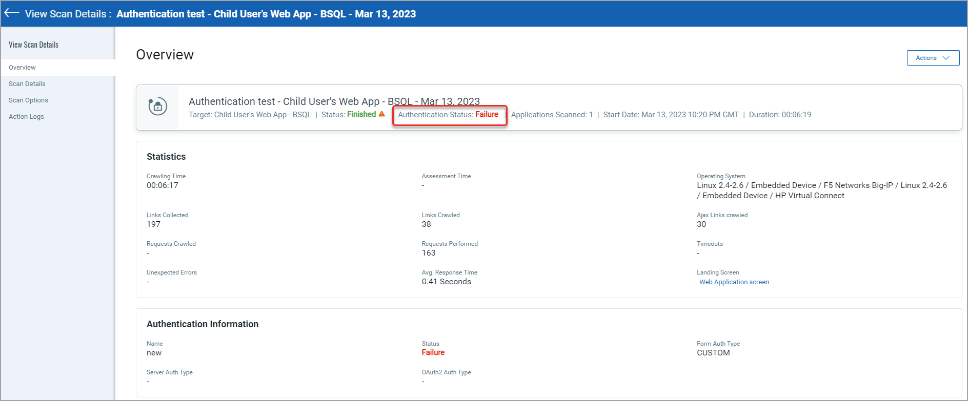 The overview pane in scan view displays the authentication status for the WAS scan.