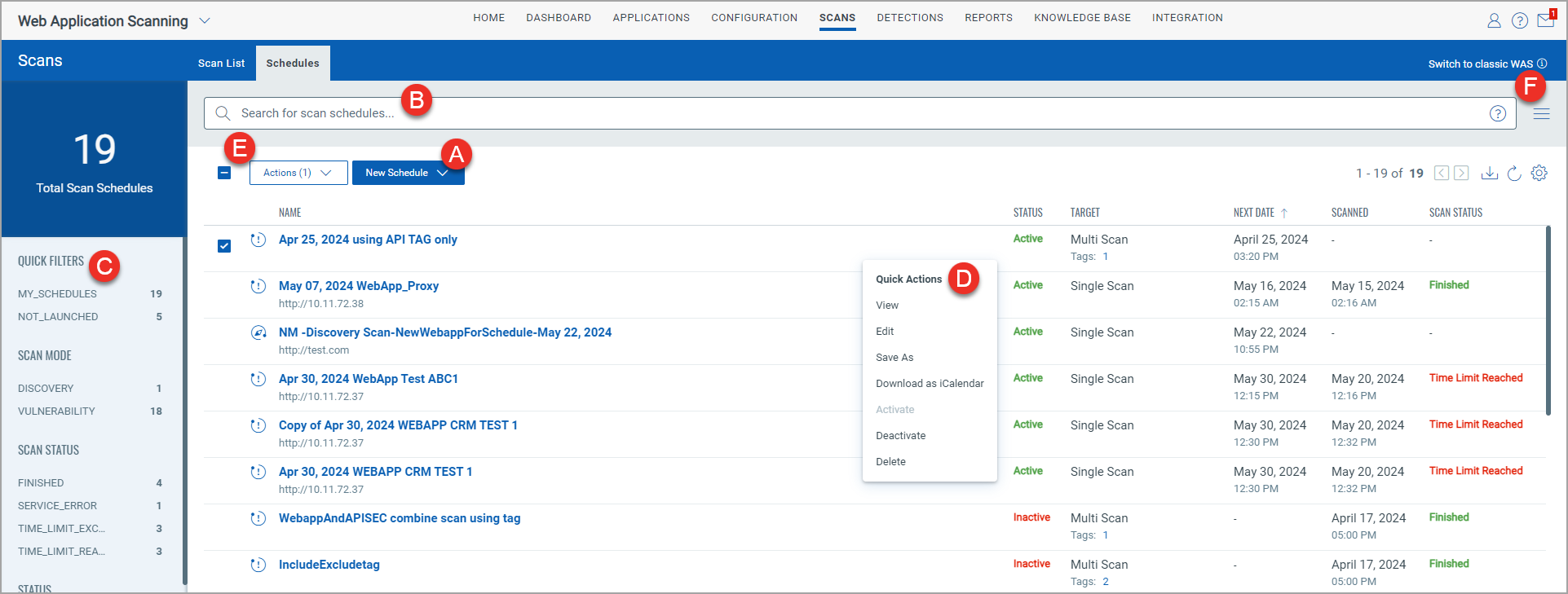 scan schedule landing page