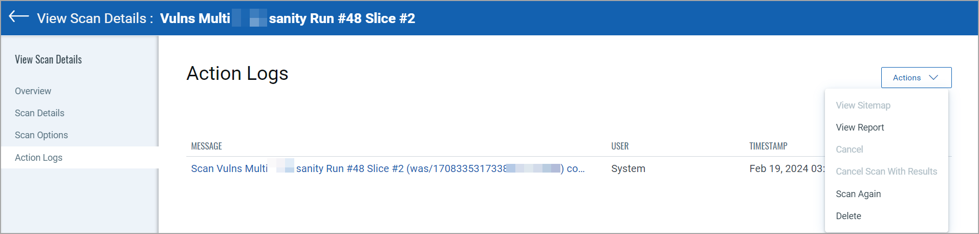 Screenshot showing Action Logs messages.