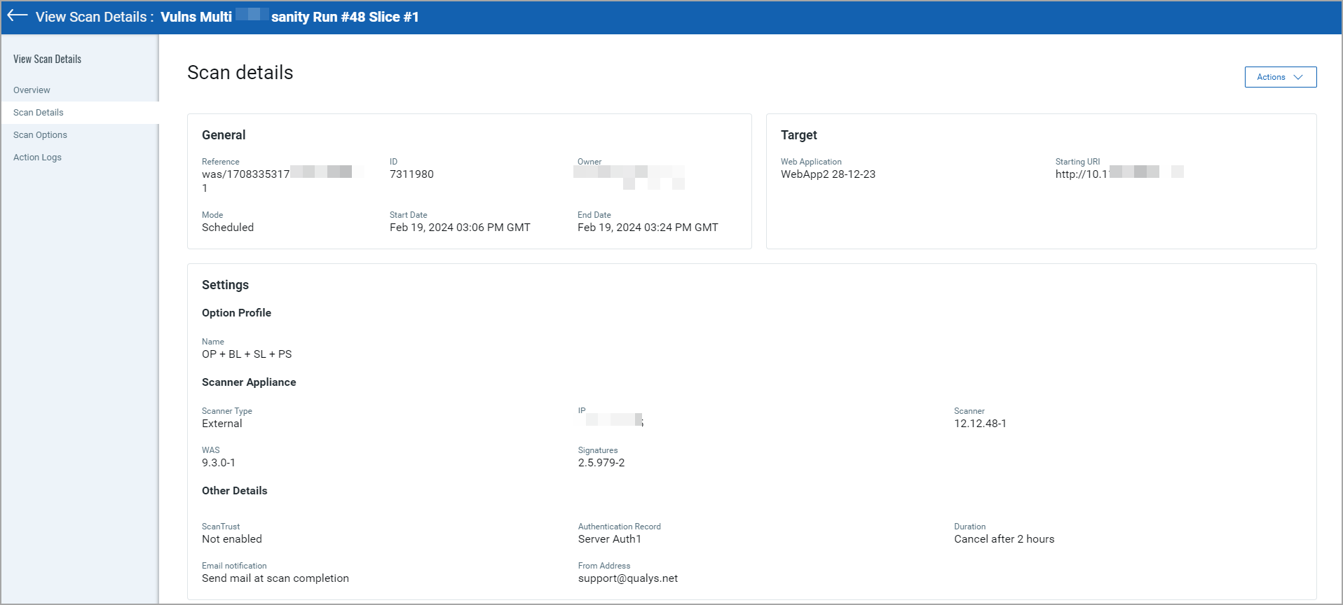 Screenshot showing scan details for the scan.