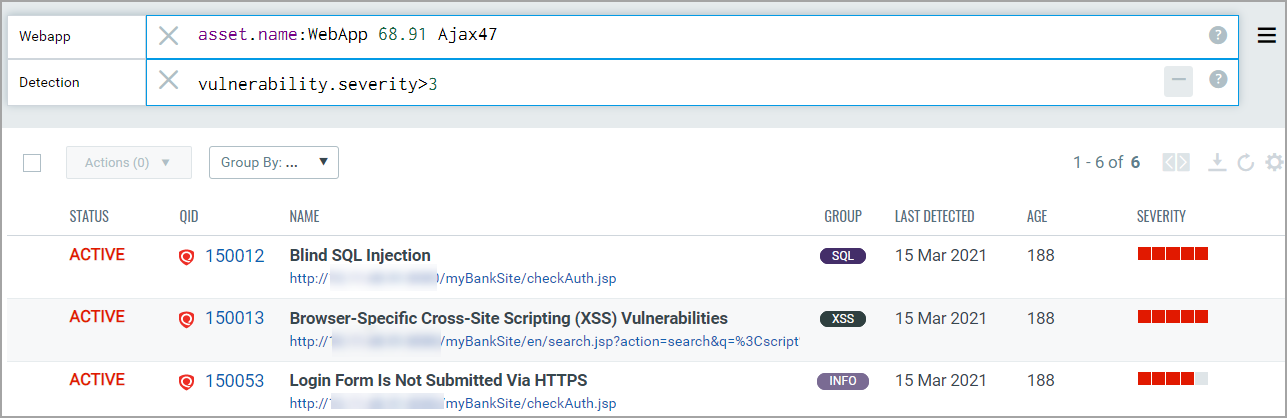 search bar with web app name and severity tokens combined to show the detections with severity greater than 3 for the specifeid web application.