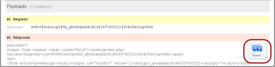 Export option in the payload response window.