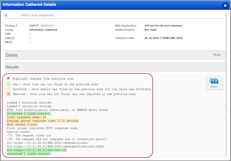 Results section in Information Gathered Details of a scan report.