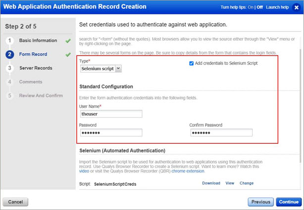 The Authentication record creation wizard shows the Add credentials to Selenium script check box selected type and values entered in the username and password fields.