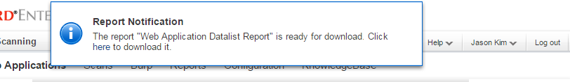 Report notification indicating report status for download.