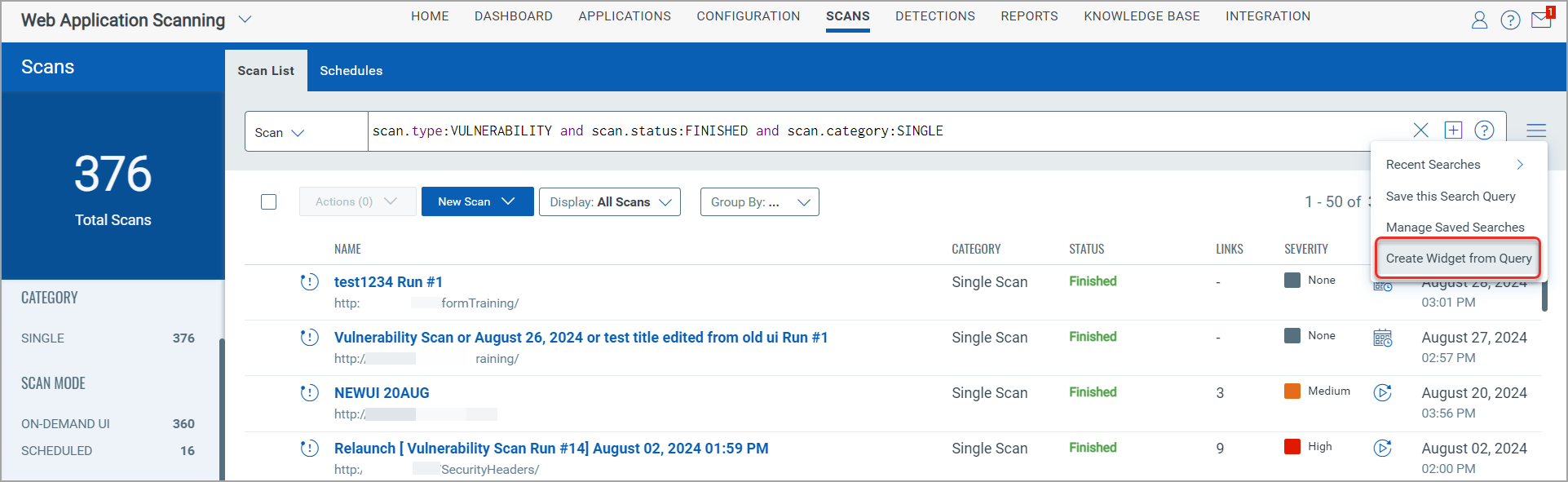 Create widget from query option in Scan List.