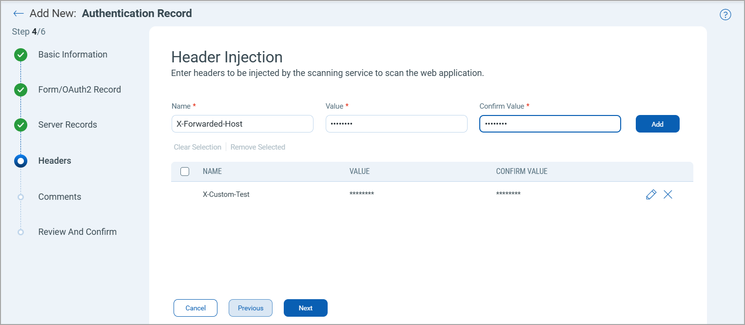 Header Injection in new Authentication Record workflow. 